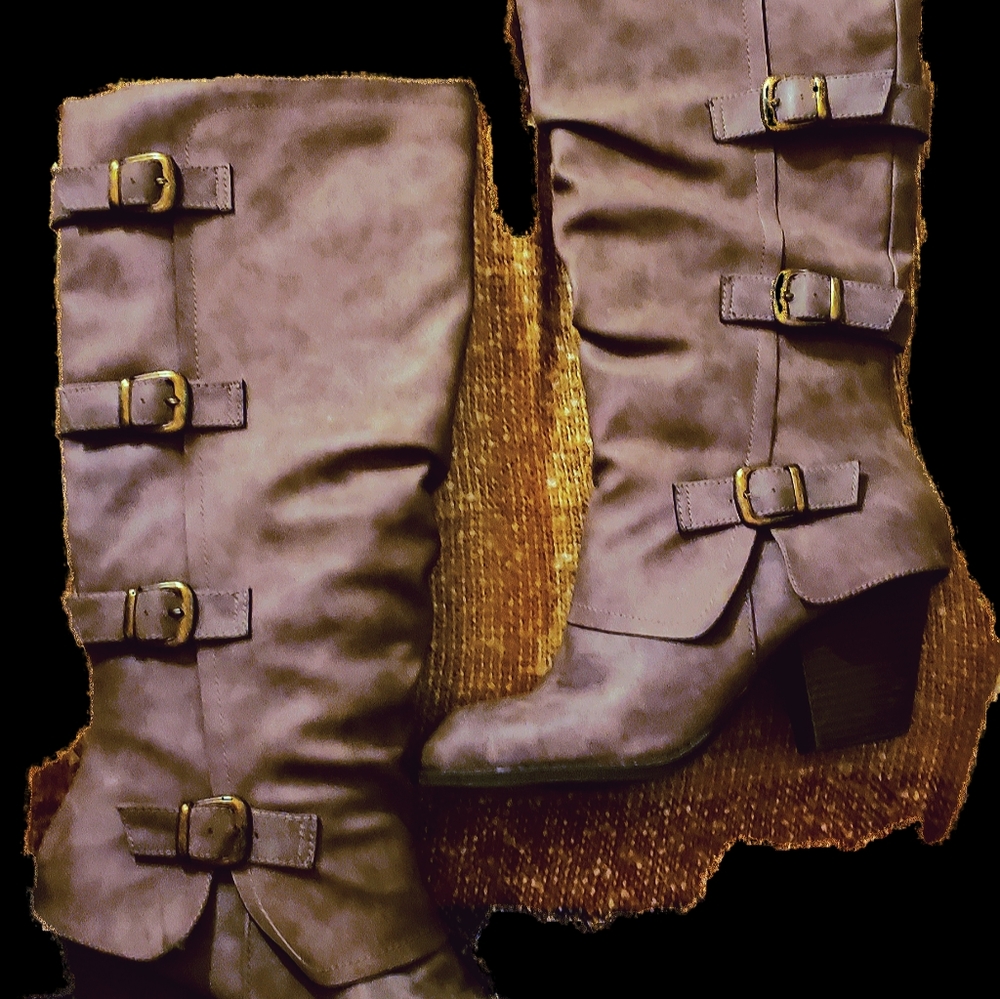 Natalie Knee High Taupe Buckled Boot